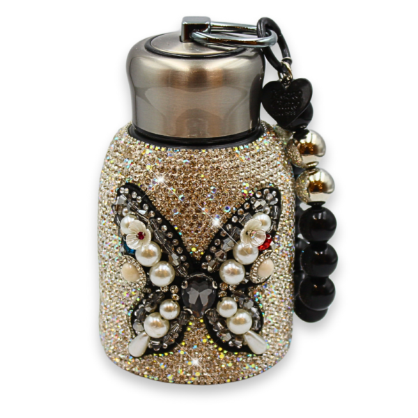 Grand Bazaar 280ml Cute Bling Diamond Small Water Bottles, Stylish Rhinestone and Pearl Stainless Steel Insulated Water Bottles, Leak-Proof Vacuum Flask Thermal Bottles with Pearl Bracelet (Bronze)