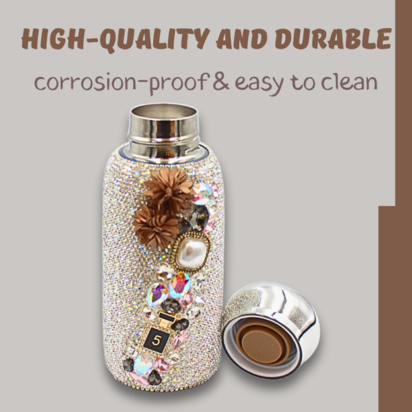 260ml Cute Bling Diamond Small Water Bottles, Stylish Rhinestone and Pearl design Stainless Steel Insulated Water Bottles, Leak-Proof Vacuum Flask Thermal Bottles (Silver)