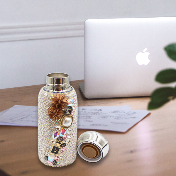 260ml Cute Bling Diamond Small Water Bottles, Stylish Rhinestone and Pearl design Stainless Steel Insulated Water Bottles, Leak-Proof Vacuum Flask Thermal Bottles (Silver)