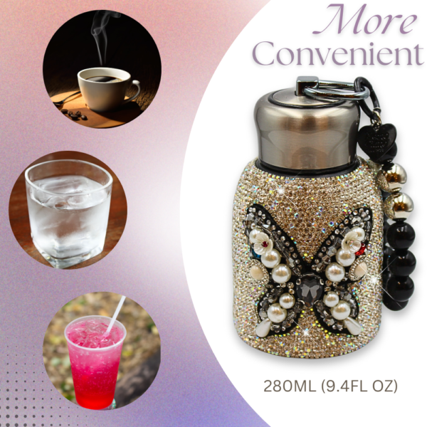 Grand Bazaar 280ml Cute Bling Diamond Small Water Bottles, Stylish Rhinestone and Pearl Stainless Steel Insulated Water Bottles, Leak-Proof Vacuum Flask Thermal Bottles with Pearl Bracelet (Bronze)